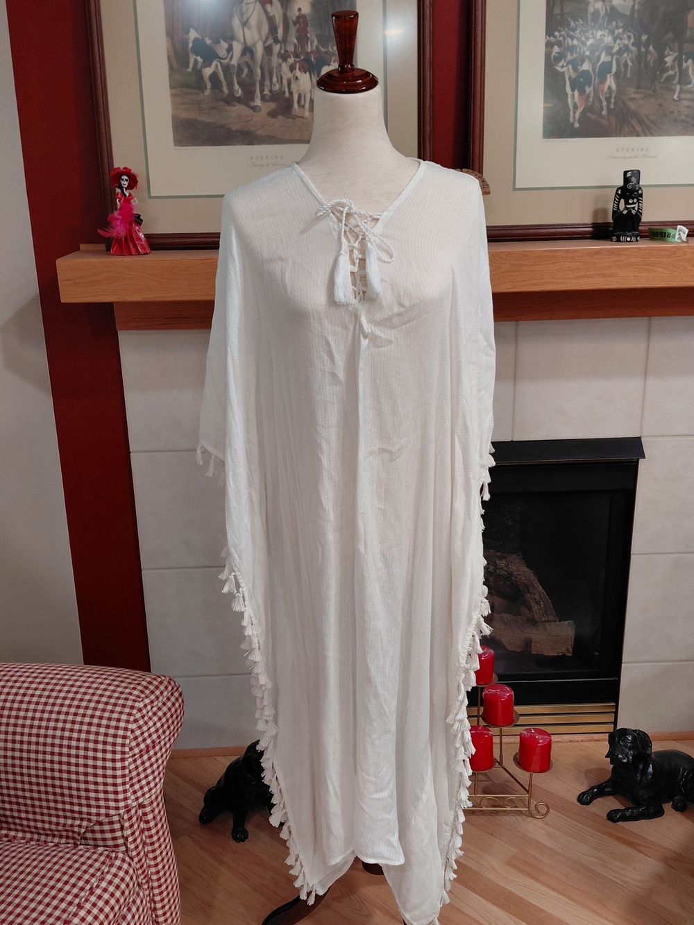 NWT Walter Baker Cream Ivory Tassel-Trim Acapulco Kaftan with Tie Neck OS